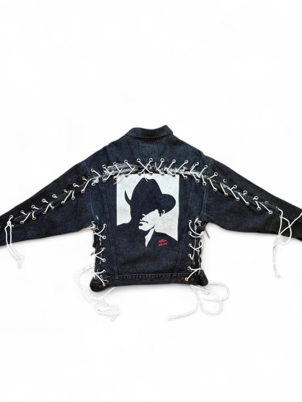 Marlboro Wild West Vintage Black Denim Custom Lace Up Grommet Jacket